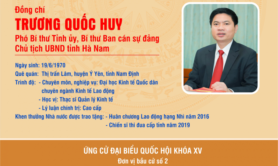 [Infographics] TIỂU SỬ TÓM TẮT CỦA ĐỒNG CHÍ CHỦ TỊCH UBND TỈNH TRƯƠNG QUỐC HUY - ỨNG CỬ VIÊN ĐẠI BIỂU QUỐC HỘI KHÓA XV 