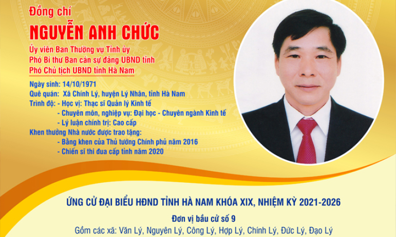 [Infographics] TIỂU SỬ TÓM TẮT CỦA ĐỒNG CHÍ PHÓ CHỦ TỊCH UBND TỈNH NGUYỄN ANH CHỨC - ỨNG CỬ VIÊN ĐẠI BIỂU HĐND TỈNH HÀ NAM KHÓA XIX