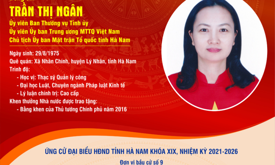 [Infographics] TIỂU SỬ TÓM TẮT CỦA ĐỒNG CHÍ TRẦN THỊ NGÂN, CHỦ TỊCH ỦY BAN MTTQ TỈNH, ỨNG CỬ VIÊN ĐẠI BIỂU HĐND TỈNH HÀ NAM KHÓA XIX