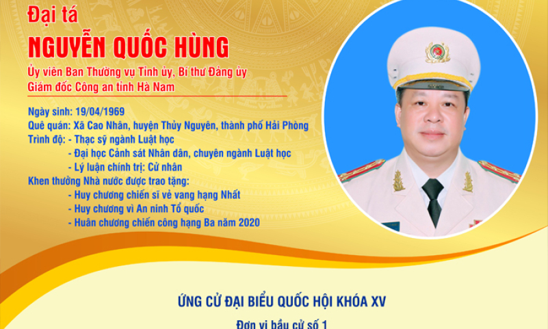 [Infographics] TIỂU SỬ TÓM TẮT CỦA ĐẠI TÁ NGUYỄN QUỐC HÙNG - GIÁM ĐỐC CÔNG AN TỈNH HÀ NAM, ỨNG CỬ VIÊN ĐẠI BIỂU QUỐC HỘI KHÓA XV