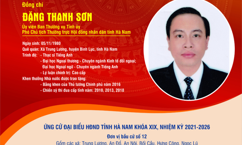 [Infographics] TIỂU SỬ TÓM TẮT CỦA ĐỒNG CHÍ ĐẶNG THANH SƠN – PHÓ CHỦ TỊCH THƯỜNG TRỰC HĐND TỈNH HÀ NAM, ỨNG CỬ VIÊN ĐẠI BIỂU HĐND TỈNH HÀ NAM KHÓA XIX, NHIỆM KỲ 2021 - 2026