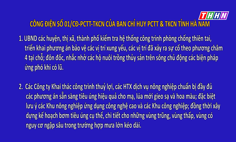 Công điện số 01/CĐ-PCTT-TKCN của Ban chỉ huy PCTT&TKCN tỉnh Hà Nam