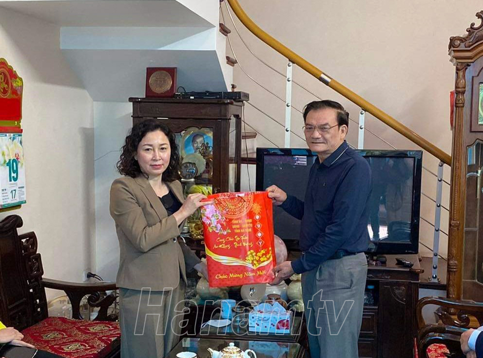 Đồng chí Phó Bí thư Thường trực Tỉnh uỷ Đinh Thị Lụa chúc Tết đồng chí Hoàng Nam, nguyên Ủy viên BTV Tỉnh uỷ, nguyên Trưởng ban Tổ chức Tỉnh ủy.
