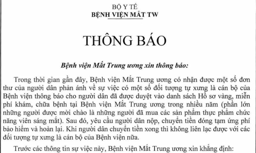 Bệnh viện Mắt Trung ương cảnh báo chiêu trò lừa đảo khám chữa bệnh miễn phí