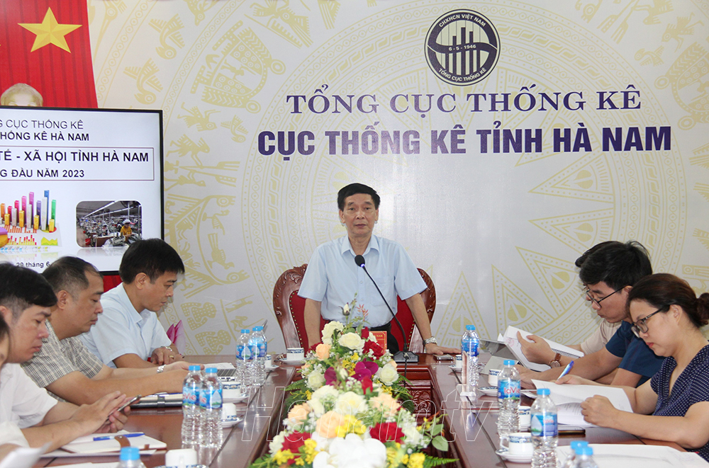 Ông Vũ Đại Dương, Cục trưởng Cục Thống kê tỉnh Hà Nam thông tin tại buổi họp báo.