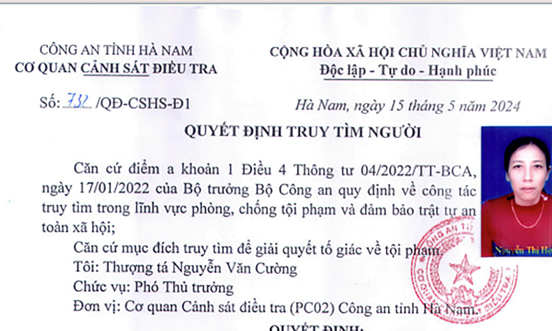 Thông báo Quyết định truy tìm người của Cơ quan Cảnh sát điều tra, Công an tỉnh Hà Nam